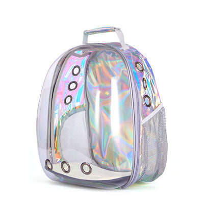 Dark grey transparent pet carrier backpack with a white cat plush toy inside, sitting on a path outdoors. - Image 14