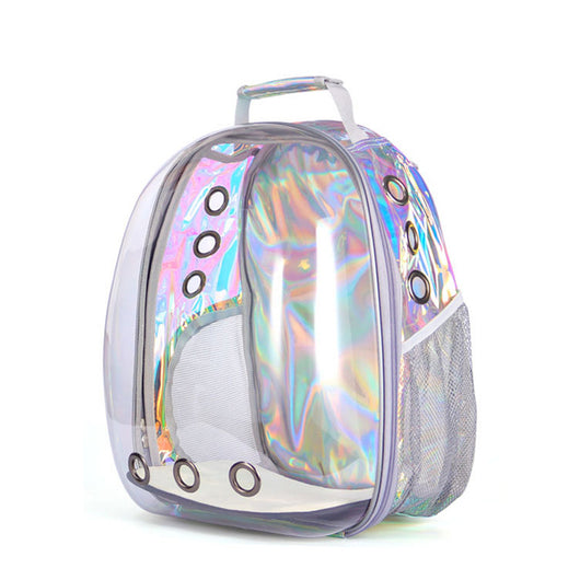 Dark grey transparent pet carrier backpack with a white cat plush toy inside, sitting on a path outdoors. - Image 14