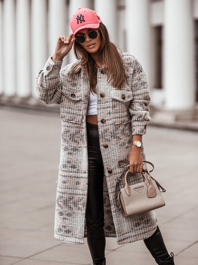 Abrigo de Lana para Mujer con Botones y Estampado - Manga Larga Cuello V Otoño Invierno - Image 5
