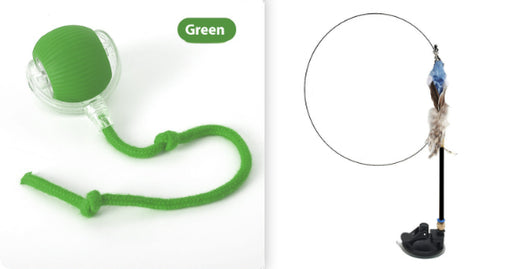 Interactive cat toy set featuring a blue rolling ball with a rope and a feather wand with a suction cup base. - Image 5