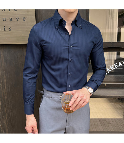 Camisa de Vestir Manga Larga a Rayas para Hombre con Cuello Italiano - Image 28