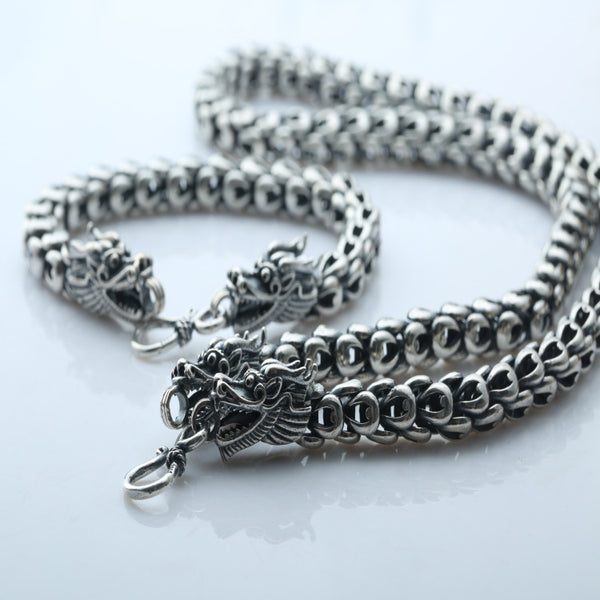 Collar Vintage Cabezas de Dragón Doble Plata S925 con Escamas