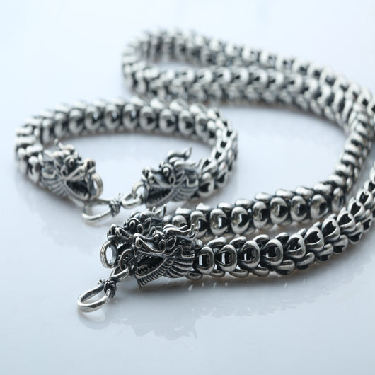 Collar Vintage Cabezas de Dragón Doble Plata S925 con Escamas