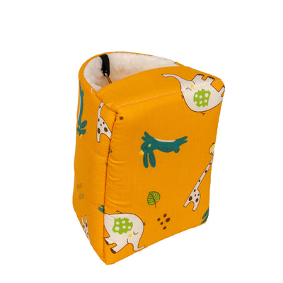 Teal cotton pet nest with a colorful forest pattern, lined with white plush, designed for small birds or parrots. - Image 9