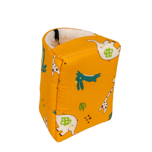 Teal cotton pet nest with a colorful forest pattern, lined with white plush, designed for small birds or parrots. - Image 9