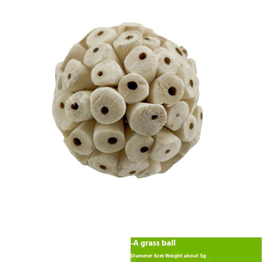 Natural ricepaperplant pith ball gnawing toy for parrots, featuring a braided top, wooden star, and 'short hair girl' design. - Image 10