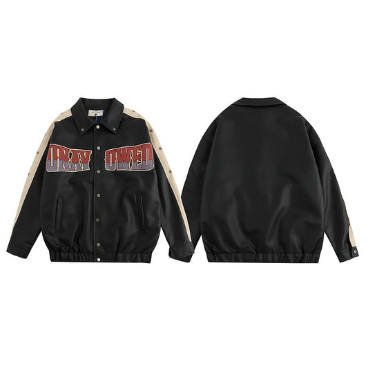 Chaqueta Universitaria Retro PU Bordada Suelta para Hombre - Image 5