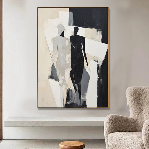Cuadro Abstracto Moderno de Personas en Blanco y Negro - Pintura al Óleo Artesanal para Sala de Estar