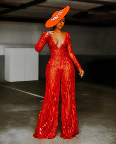 Jumpsuit Rojo con Lentejuelas y Escote Halter - Estilo Europeo - Image 9