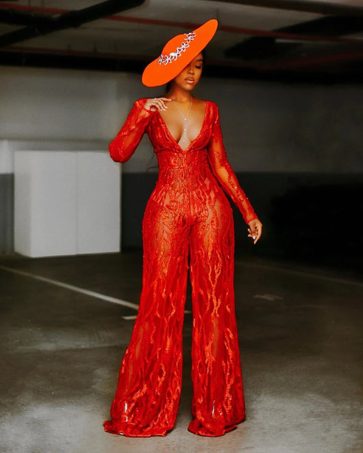 Jumpsuit Rojo con Lentejuelas y Escote Halter - Estilo Europeo - Image 9