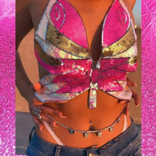 Chaleco Retro con Lentejuelas de Mariposa Multicolor - Estilo Europeo y Estadounidense