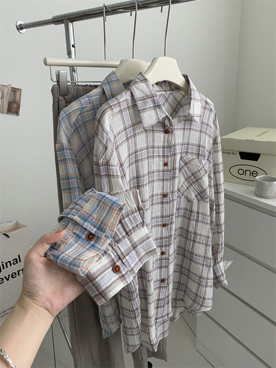Camisa Cuadriculada de Algodón Retro Lavado Artístico para Mujer - Image 14