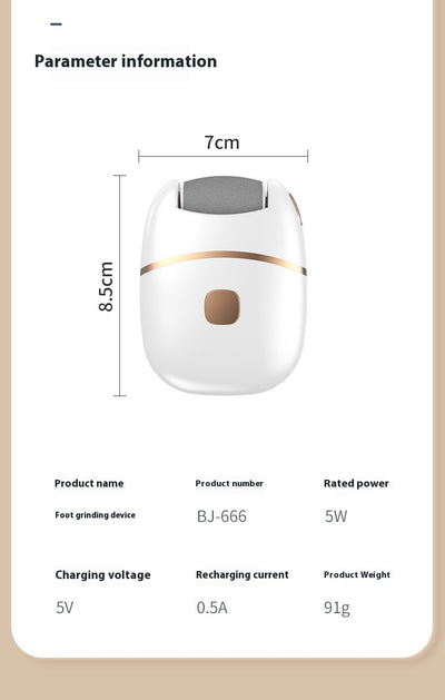 White and gold electric foot callus remover with a roller head, a replacement roller, cleaning brush, and USB cable. - Image 13