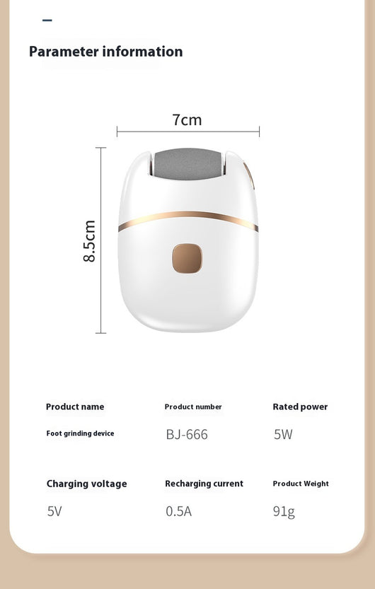 White and gold electric foot callus remover with a roller head, a replacement roller, cleaning brush, and USB cable. - Image 13