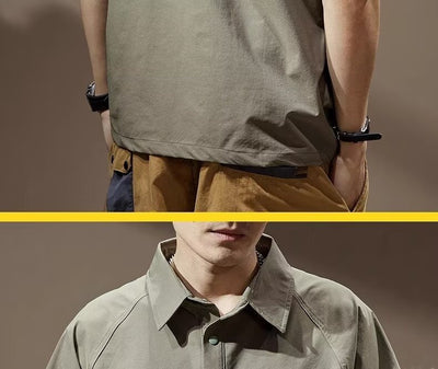 Men's khaki short-sleeve polo shirt with a lapel collar, three buttons, and a large flap chest pocket with a D-ring. - Image 10