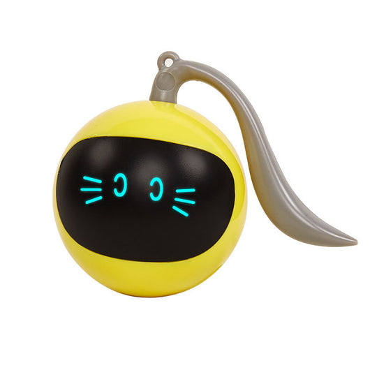 Yellow electric cat toy ball with a black face, glowing blue eyes and whiskers, and a grey tail attachment. - Image 5