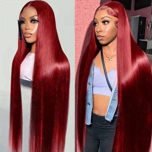 Peluca Roja Vino Cabello Liso Frente de Encaje