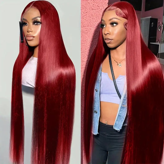 Peluca Roja Vino Cabello Liso Frente de Encaje