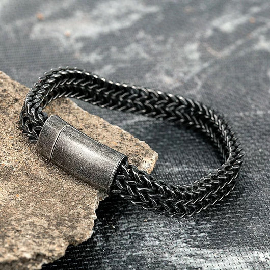 Pulsera Hombre Vintage Punk Cadena Doble Acero Inoxidable Negro