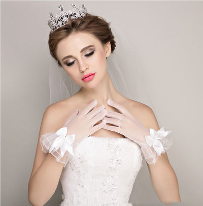 Guantes de Novia Cortos Tul Cristal Dedo Completo - Image 7