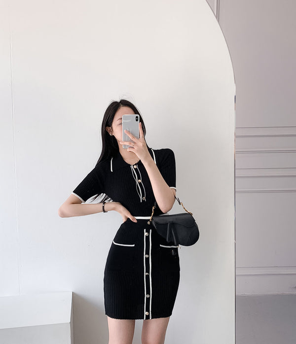 Conjunto Elegante Falda A-Line: Suéter Polo Manga Corta + Falda Plisada - Image 4