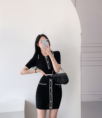 Conjunto Elegante Falda A-Line: Suéter Polo Manga Corta + Falda Plisada - Image 4