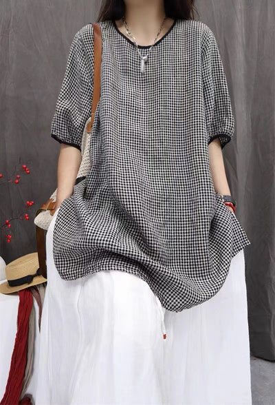 Camisa Cuadros Oversize Artística de Manga Tres Cuartos Estilo Vintage - Image 10