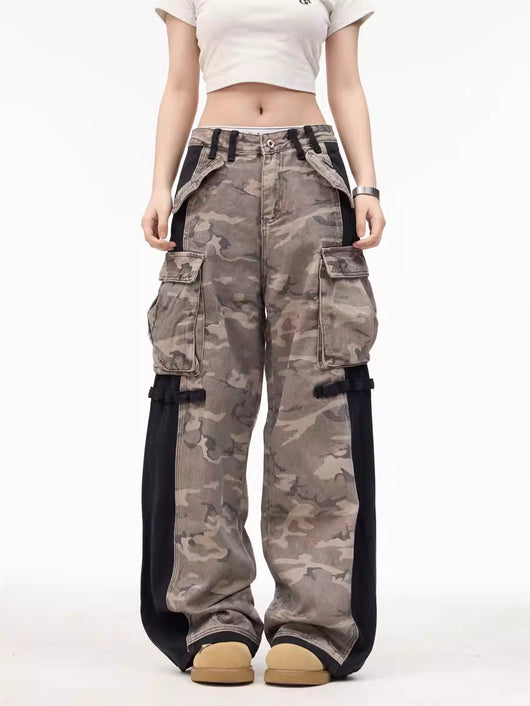 Pantalones Anchos Patchwork Retro con Cremallera Camuflaje Unisex - Image 6
