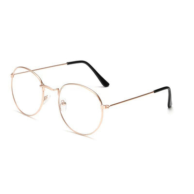 Retro oval anti-blue light glasses with a dark metal frame and clear lenses on a white background. - Image 5
