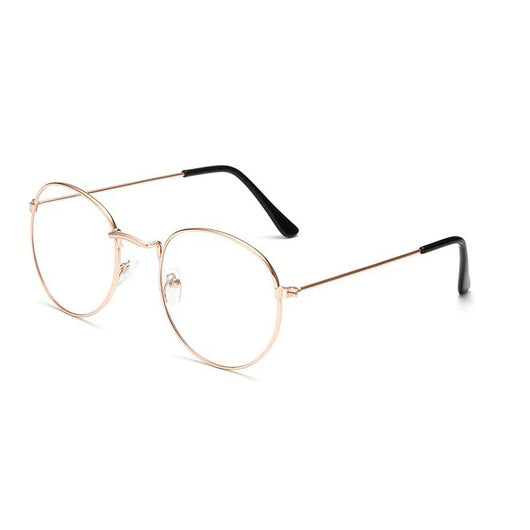 Retro oval anti-blue light glasses with a dark metal frame and clear lenses on a white background. - Image 5