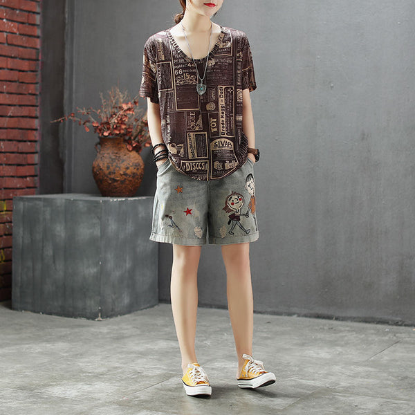 Shorts Vintage de Cintura Elástica con Bordados y Pierna Ancha