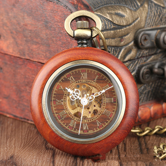Reloj de Bolsillo Automático Madera con Esfera Texturizada Dorada y Números Romanos