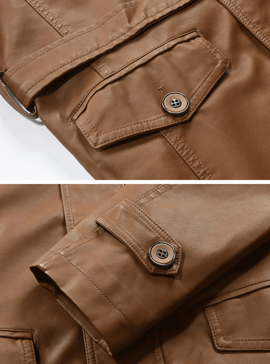 Abrigo Trench de Cuero con Cuello Mao y Forro de Terciopelo para Hombre - Image 14