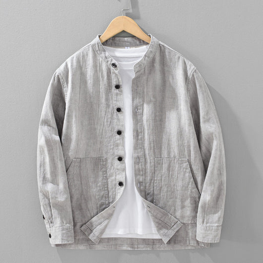 Camisa Retro de Lino con Cuello Mao para Hombre - Diseño Clásico Casual - Image 8