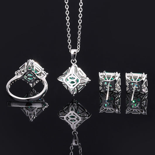 Conjunto de Anillo Plata 925 Esmeralda y Diamante Princesa Cuadrado - Image 9