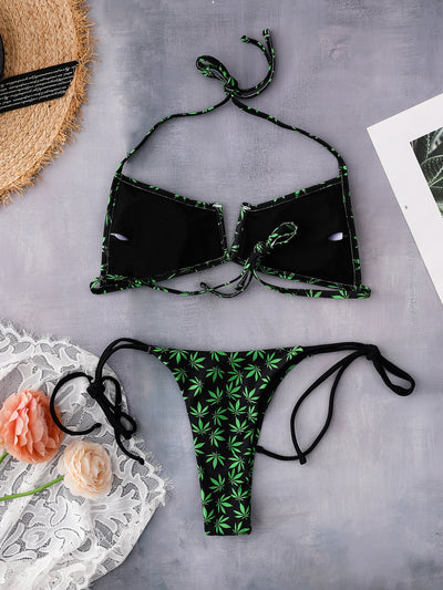 Bikini Estampado Hojas con Aro y Fruncidos Sexy - Image 8