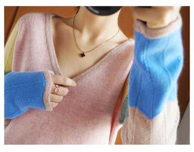 Suéter de Lana con Contraste de Colores para Mujer - Cuello V Térmico - Image 15