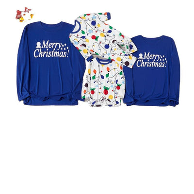Blue long-sleeve pajama top with "Merry Christmas!" text and white bottoms with colorful Christmas lights pattern. - Image 8
