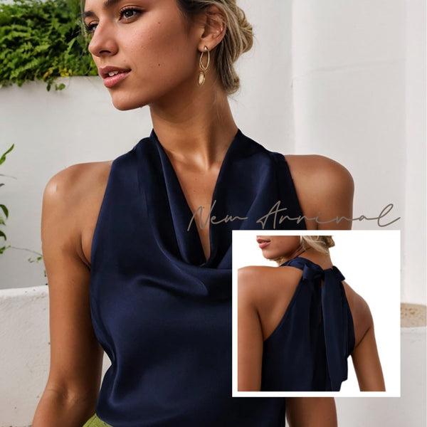 Blusa Elegante sin Mangas con Cuello Halter y Espalda Descubierta