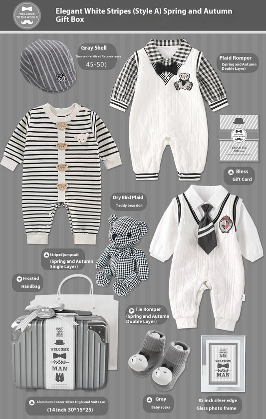 Conjunto de Regalo Elegante para Bebé Niño - Rayas Blancas y Gris - Image 2