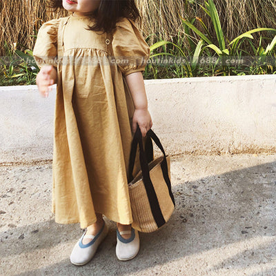 Vestido Retro Infantil de Cintura Alta con Mangas Abullonadas - Image 3