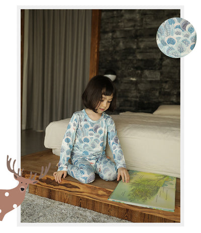 Bamboo cotton knitted parent-child pajama set with a pumpkin print long-sleeve top and solid light blue-grey pants. - Image 42