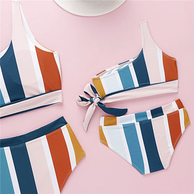 One-shoulder striped parent-child bikini set with colorful vertical stripes, featuring an adult and child size. - Image 5