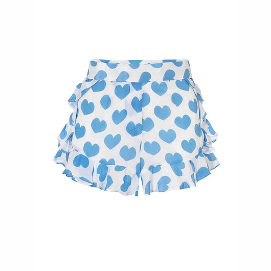 White shorts with blue heart print and ruffled sides, perfect for a fun vacation or casual summer day. - Image 32