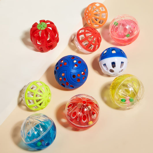 Six colorful plastic bell mesh hollow cat teasing balls in orange, green, red, purple, and pink, each 4cm.