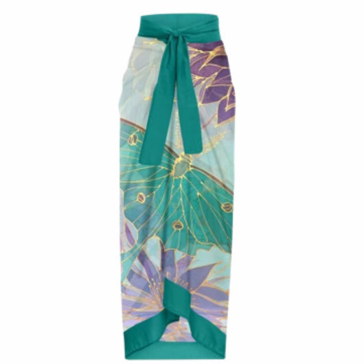 One-piece swimsuit with purple tie-shoulder straps, square neckline, and a teal butterfly and floral print. - Image 28