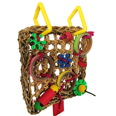 Colorful parrot bite toy with a woven grass mat, yellow plastic hangers, and various red, green, blue, and brown chewable components. - Image 2
