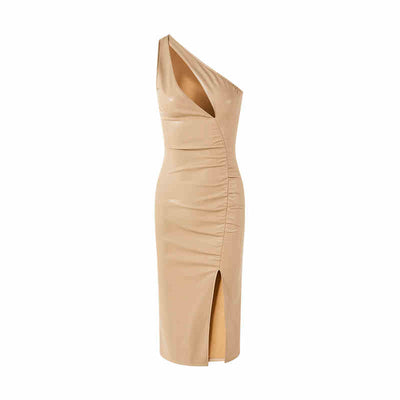 Vestido Falda de Cuero con Pliegues Asimétricos y Abertura Lateral - Image 7