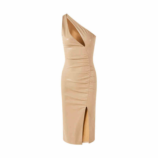 Vestido Falda de Cuero con Pliegues Asimétricos y Abertura Lateral - Image 7