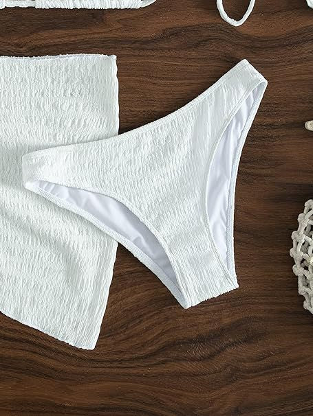 White textured lace-up split bikini swimsuit with a triangle halter top, high-cut bottoms, and matching sarong. - Image 8